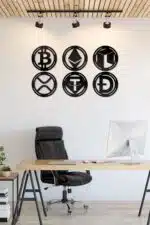 Bitcoin, Ethereum, Neo, Ripple, Tether, Doge Kripto Seti Dekoratif Ahşap Tablo