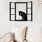 Penceredeki Kedi Temalı Dekoratif Ahşap Tablo
