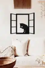Penceredeki Kedi Temalı Dekoratif Ahşap Tablo