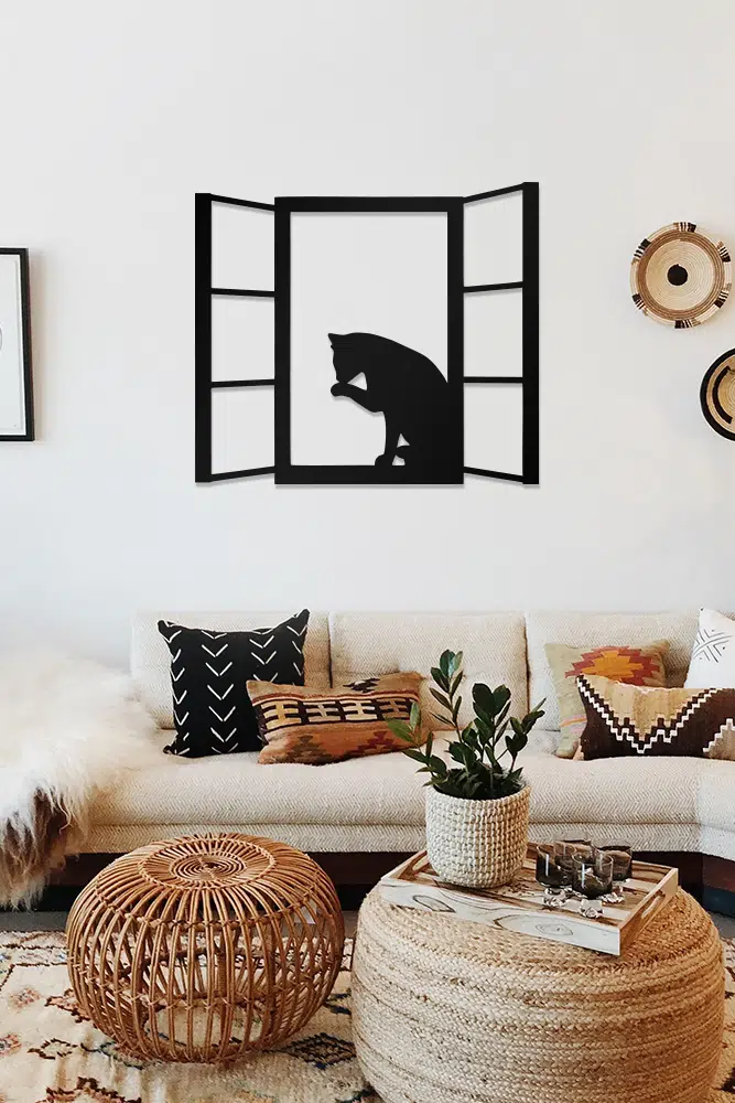 Penceredeki Kedi Temalı Dekoratif Ahşap Tablo - Görsel 2