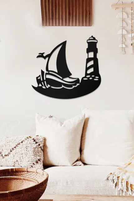 Gemi ve Deniz Feneri Temalı Dekoratif Ahşap Tablo