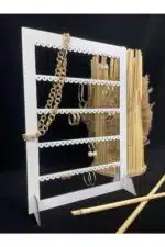 Dekoratif Takı Küpe Standı Dikdörtgen Lazer Kesim Ahşap MDF Beyaz