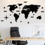 Siyah Dünya Haritası Ahşap Duvar Dekorasyonu 2D Dünya Haritası Tablosu