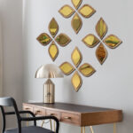 Su Damlası Dekoratif Ayna Seti Ahşap 16 Adet Pleksi Ayna, Ahşap Desenli - Gold