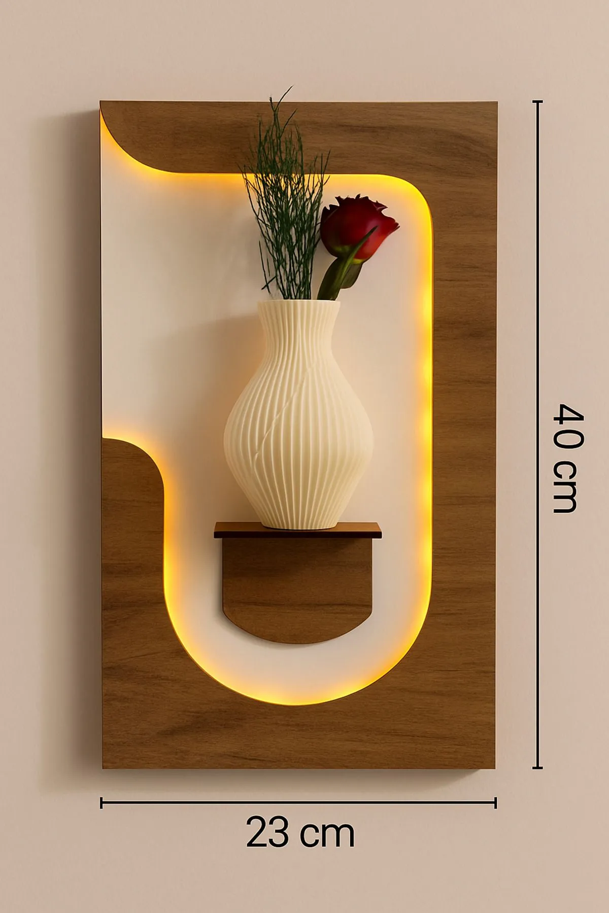 Minimalist LED Işıklı Ahşap Duvar Dekoru Raf, Pilli - Görsel 5