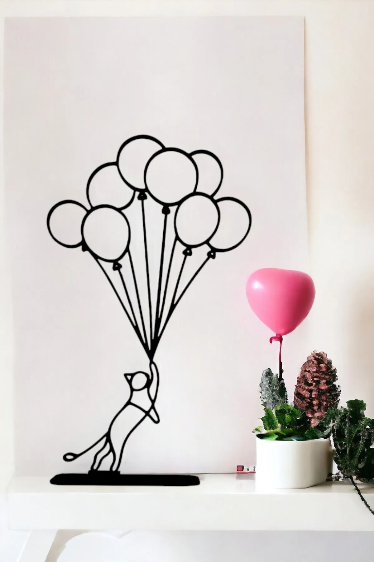 Geometrik Serisi Premium, Balon Tutan Kedi Dekoratif Biblo & Figür, Masaüstü Stantlı